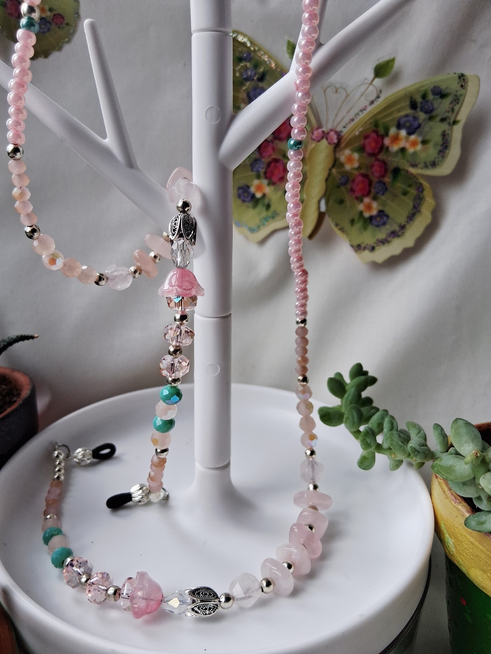 Rose Quartz Beaded W/ Flower Charms Eyeglass Chain with Aqua Accents
